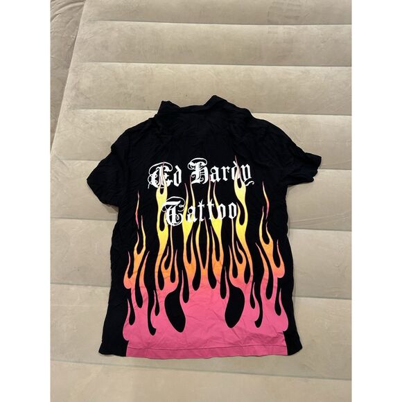 Ed Hardy Camp Shirt Mens Large Pink Flames Heart Rockabilly Button Up Camp Shirt - Picture 7 of 8